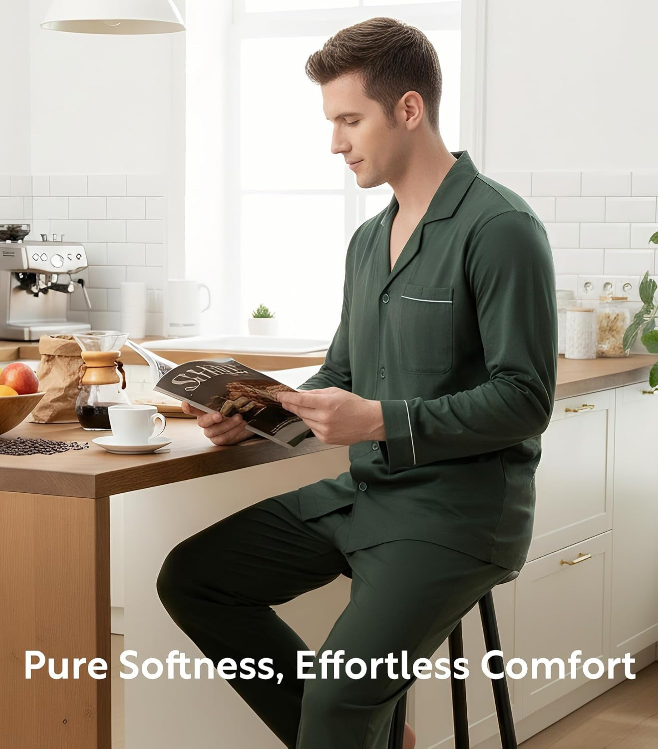 Men's Soft Cotton Pajama Set with Notched Collar, Long Sleeve Sleepwear Featuring Pockets and Front Fly