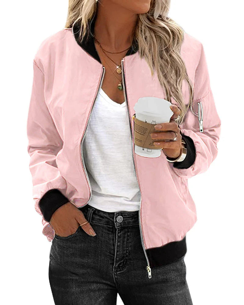 Ambrine - Klassischer Bomber Für Den Frühling Für Frauen, Mit Reißverschluss Und Taschen