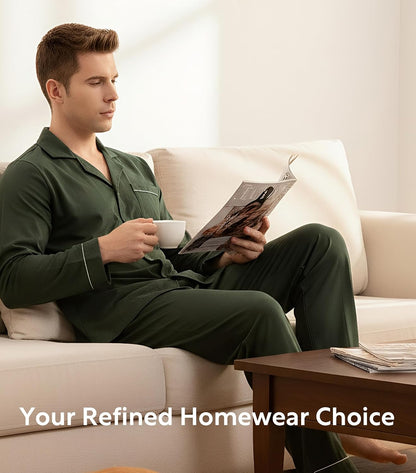 Men's Soft Cotton Pajama Set with Notched Collar, Long Sleeve Sleepwear Featuring Pockets and Front Fly