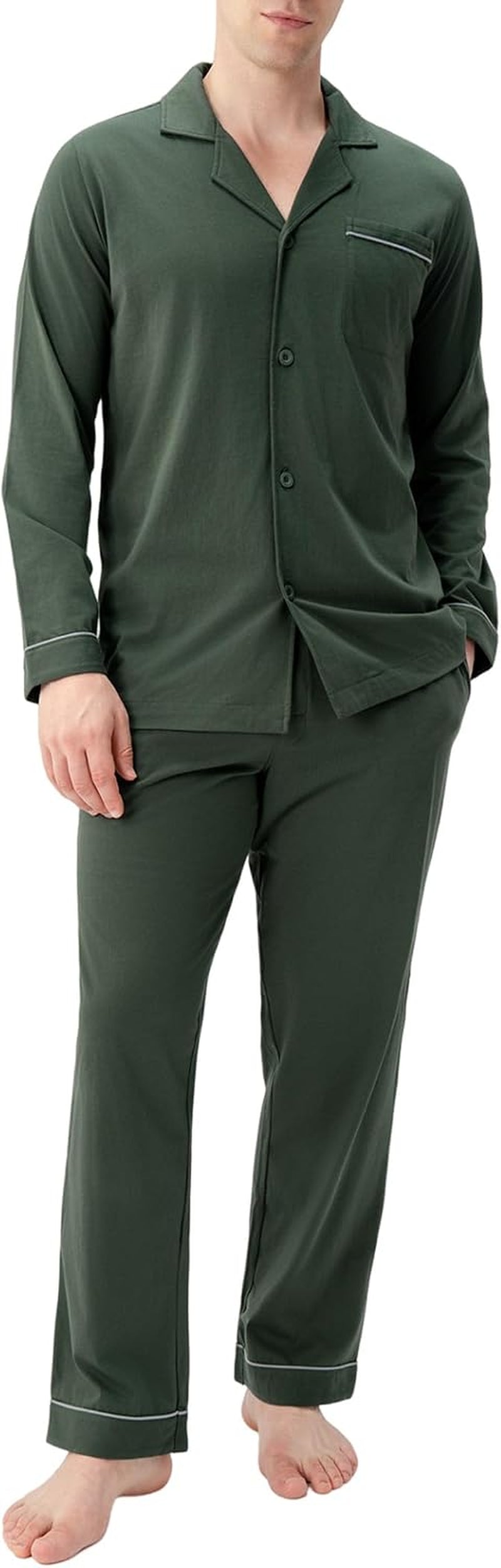 Men's Soft Cotton Pajama Set with Notched Collar, Long Sleeve Sleepwear Featuring Pockets and Front Fly