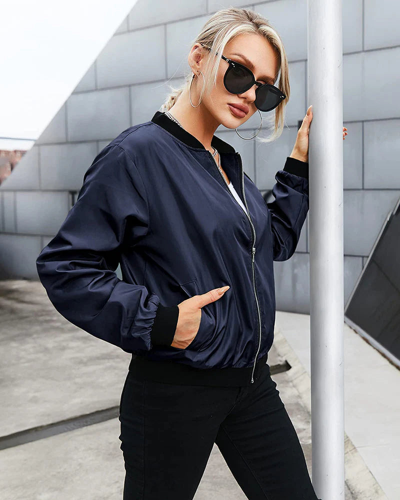 Ambrine - Klassischer Bomber Für Den Frühling Für Frauen, Mit Reißverschluss Und Taschen