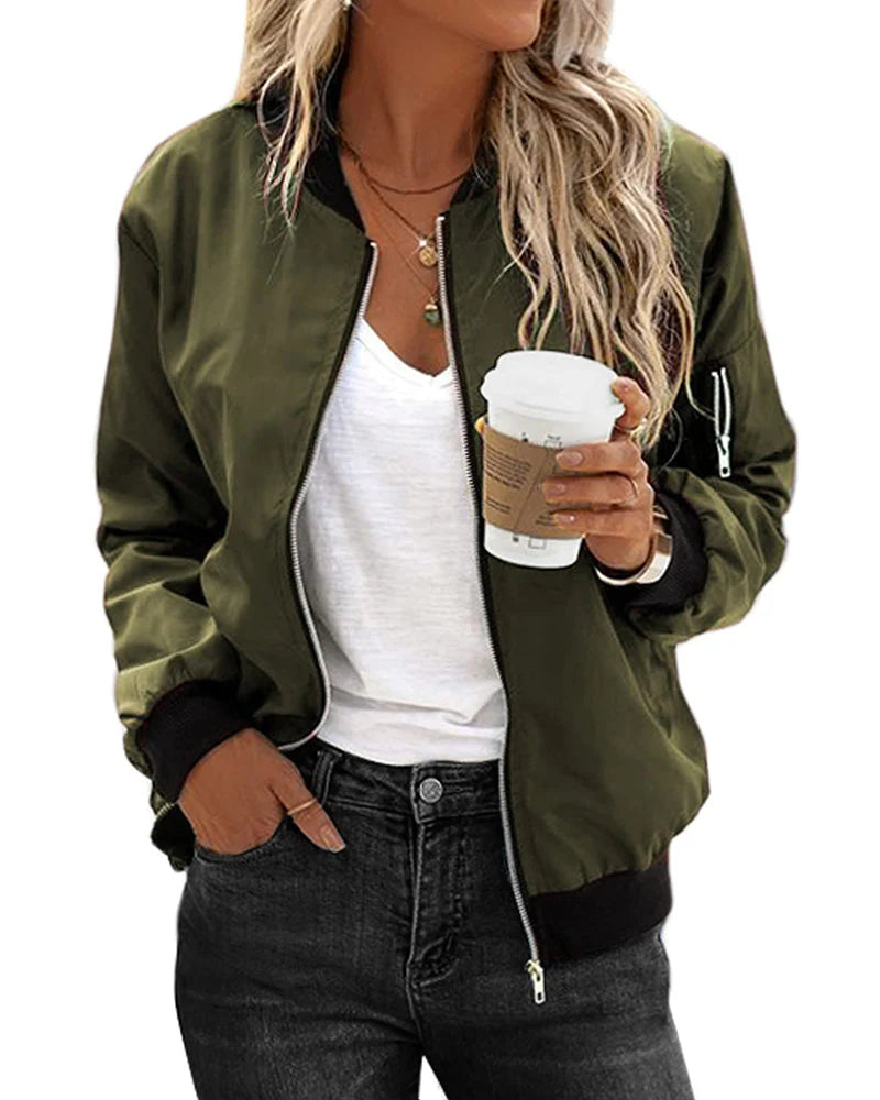 Ambrine - Klassischer Bomber Für Den Frühling Für Frauen, Mit Reißverschluss Und Taschen