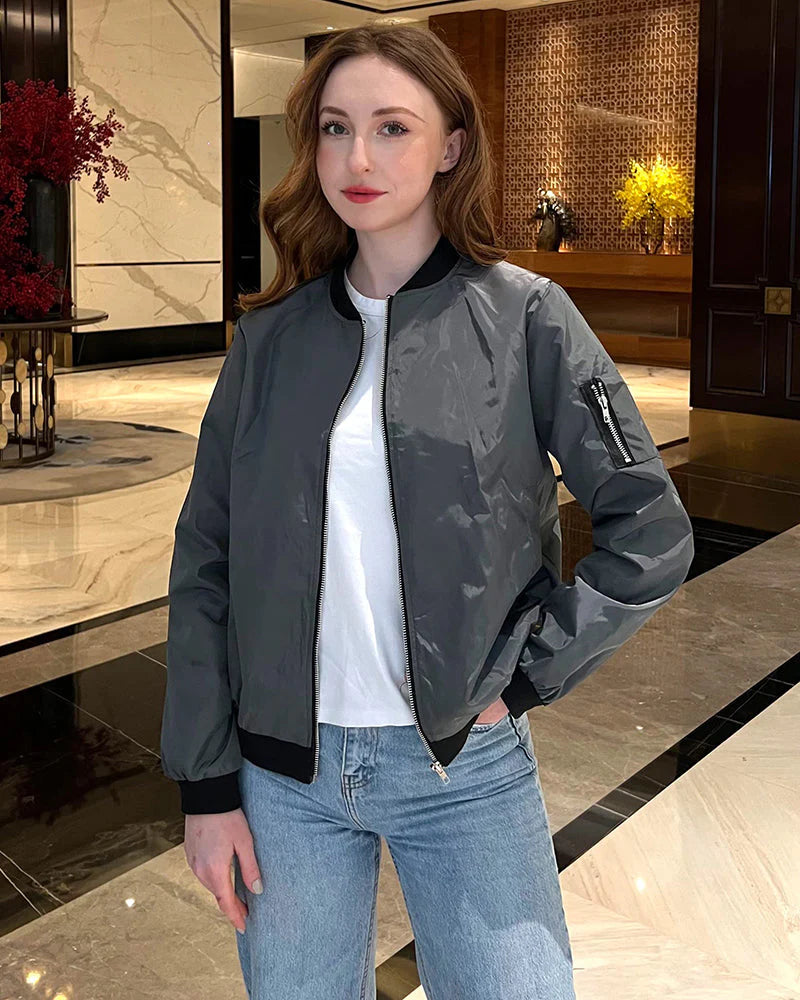 Ambrine - Klassischer Bomber Für Den Frühling Für Frauen, Mit Reißverschluss Und Taschen
