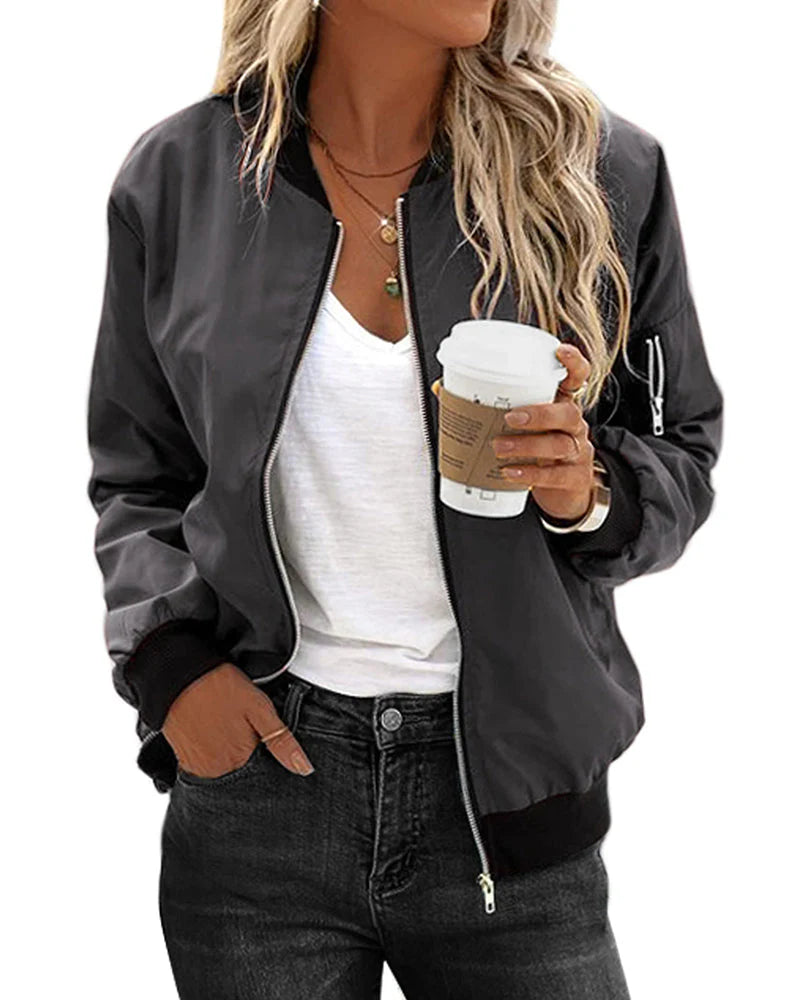 Ambrine - Klassischer Bomber Für Den Frühling Für Frauen, Mit Reißverschluss Und Taschen
