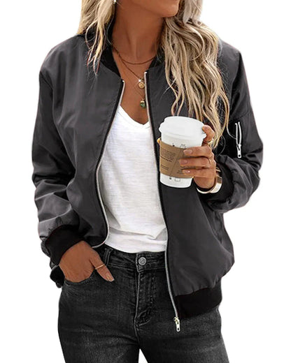 Ambrine - Klassischer Bomber Für Den Frühling Für Frauen, Mit Reißverschluss Und Taschen